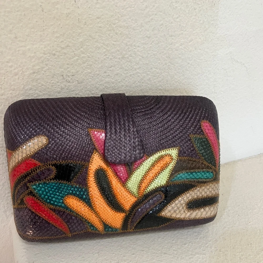 Straw Woven Purple Multicolored Cross Body Bag‎ PURSE Pouch Clutch
